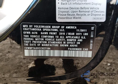 2012 Volkswagen Passat 2.5L Se from USA, damaged, VIN 1VWBP7A3XCC027194